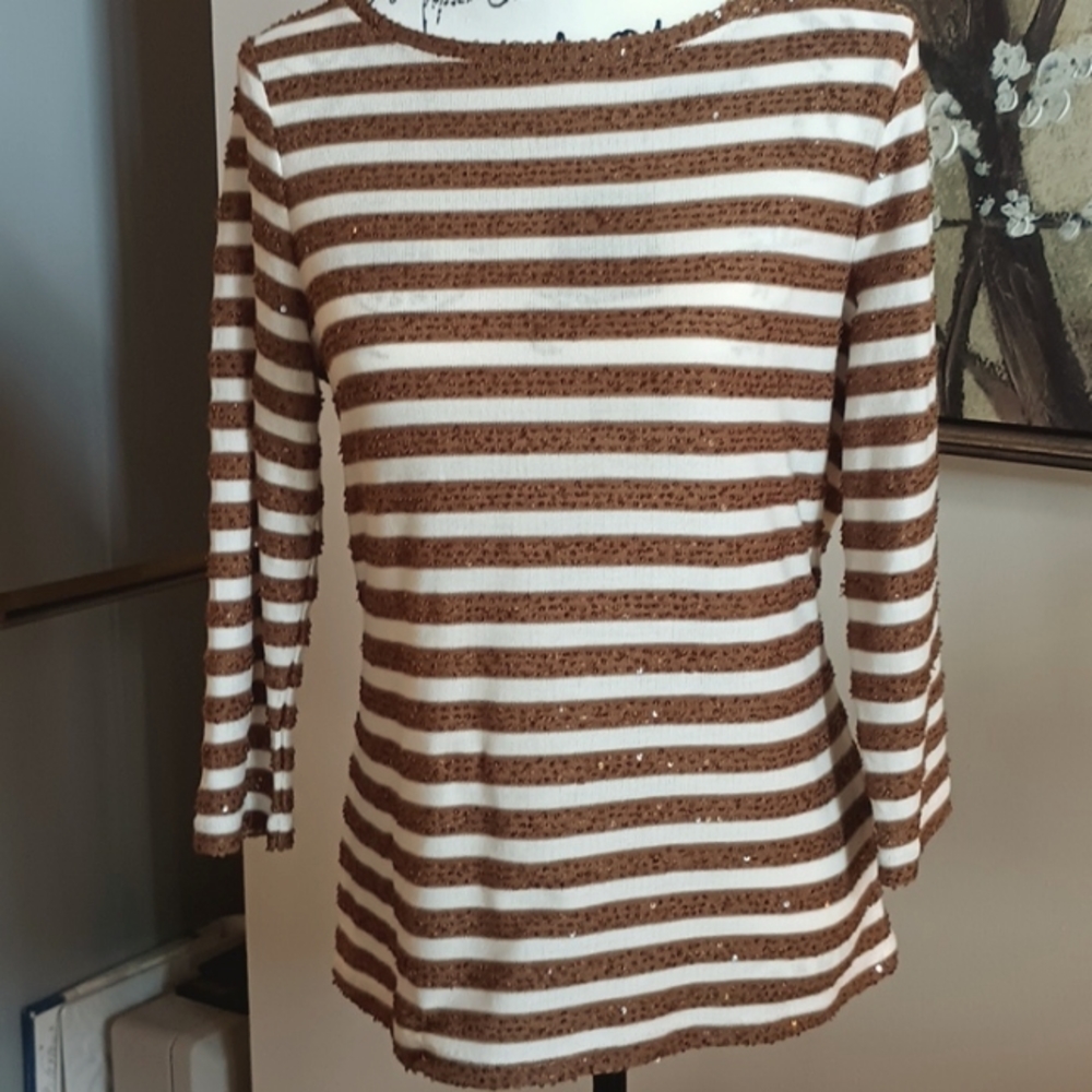 Talbot's Brown & Ivory Striped Sweater With Sequins